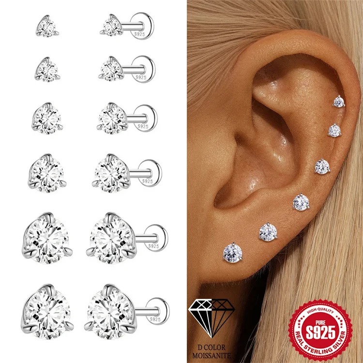 Hot selling S925 sterling silver moissanite classic three prong diamond flat head thread piercing bone nail high-end super flash earrings