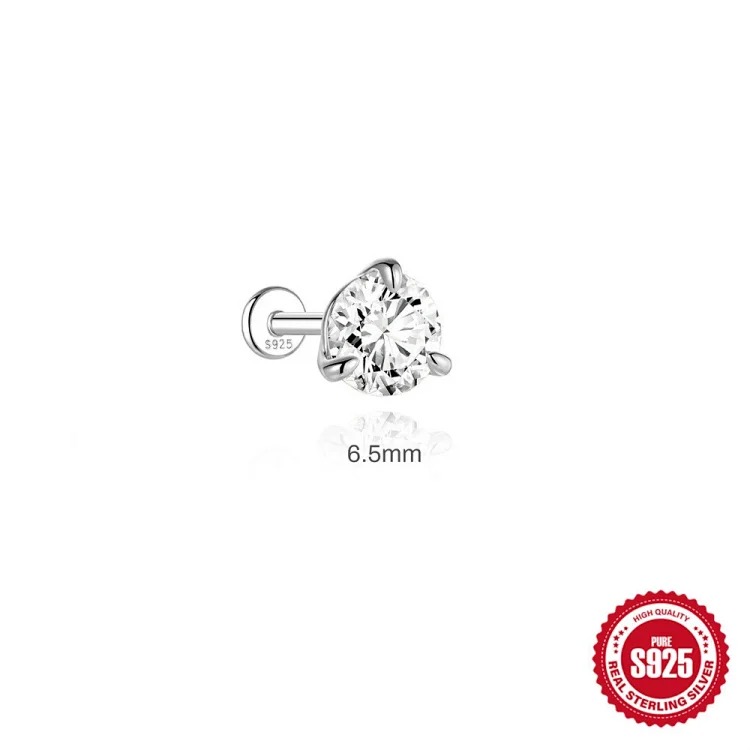 Hot selling S925 sterling silver moissanite classic three prong diamond flat head thread piercing bone nail high-end super flash earrings