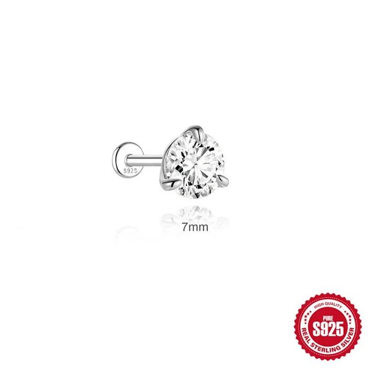 Hot selling S925 sterling silver moissanite classic three prong diamond flat head thread piercing bone nail high-end super flash earrings