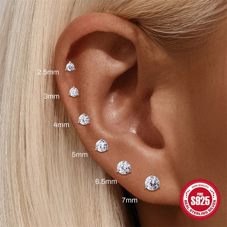 Hot selling S925 sterling silver moissanite classic three prong diamond flat head thread piercing bone nail high-end super flash earrings