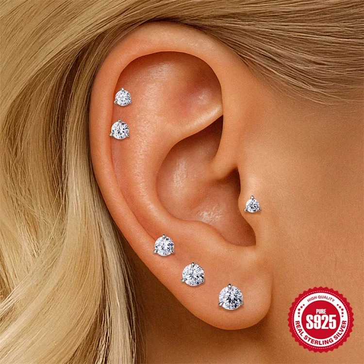 Hot selling S925 sterling silver moissanite classic three prong diamond flat head thread piercing bone nail high-end super flash earrings