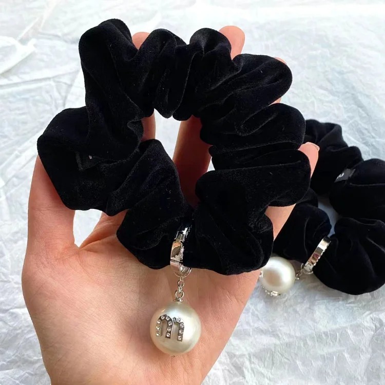 French style Miss Miao hanging pearl black velvet hair ring light luxury sweet cool style large intestine hair ring internet celebrity style small fragrance hair accessory