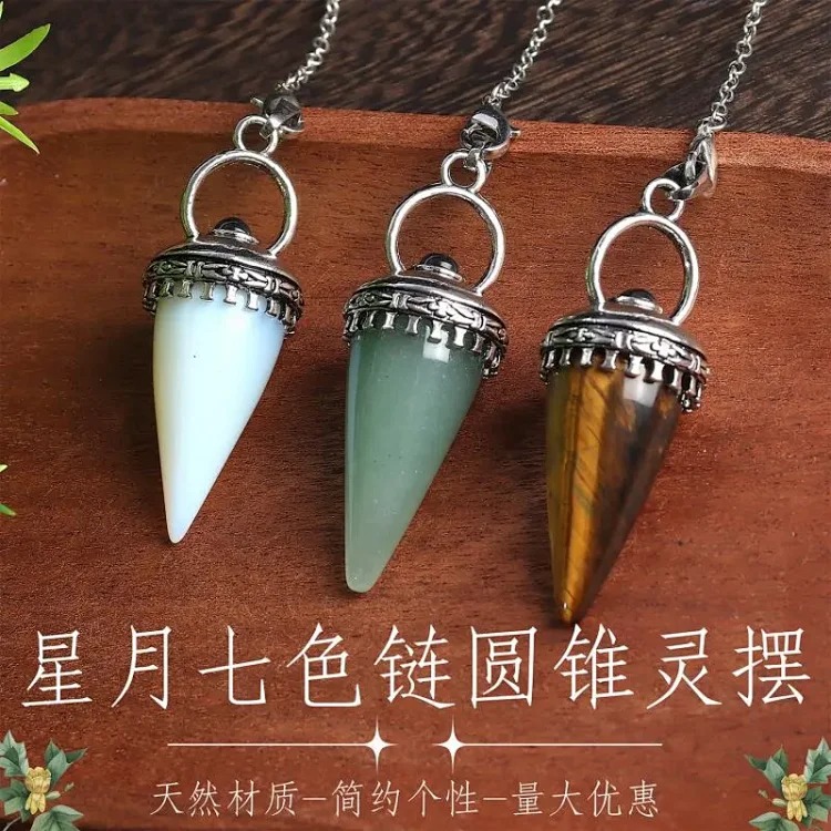 European and American cross-border new natural crystal pendulum, star and moon seven-color chain cone pendant, retro personalized accessories wholesale