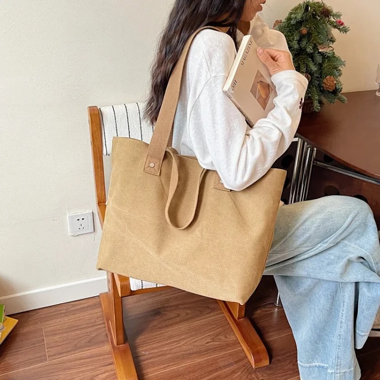 Foreign trade canvas bag Japanese retro simple solid color handbag large capacity commuter tote bag casual shoulder bag trendy