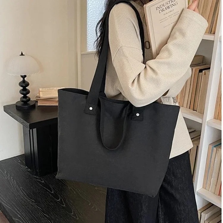 Foreign trade canvas bag Japanese retro simple solid color handbag large capacity commuter tote bag casual shoulder bag trendy