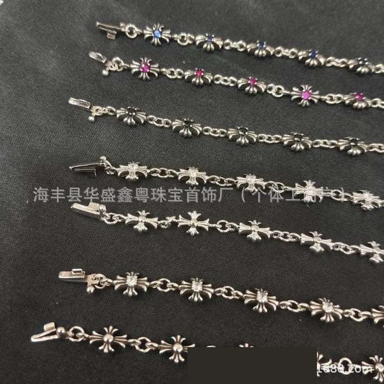 Crowe retro cross flower bracelet mixed color inlaid hip hop male and female couple old plated s925 cross jewelry