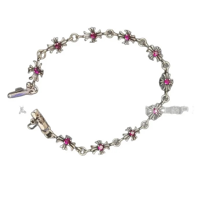 Crowe retro cross flower bracelet mixed color inlaid hip hop male and female couple old plated s925 cross jewelry