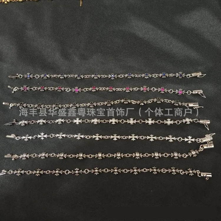 Crowe retro cross flower bracelet mixed color inlaid hip hop male and female couple old plated s925 cross jewelry
