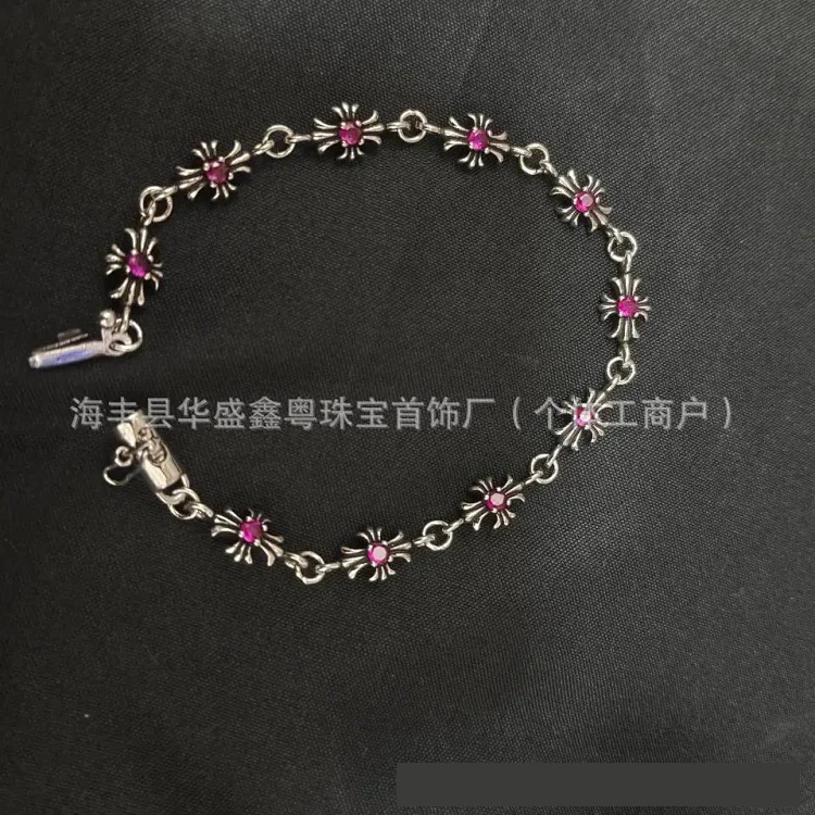 Crowe retro cross flower bracelet mixed color inlaid hip hop male and female couple old plated s925 cross jewelry
