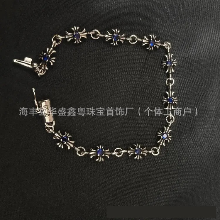 Crowe retro cross flower bracelet mixed color inlaid hip hop male and female couple old plated s925 cross jewelry