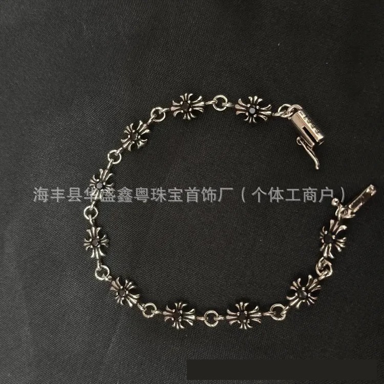 Crowe retro cross flower bracelet mixed color inlaid hip hop male and female couple old plated s925 cross jewelry