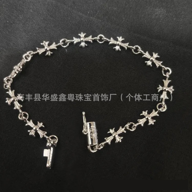 Crowe retro cross flower bracelet mixed color inlaid hip hop male and female couple old plated s925 cross jewelry
