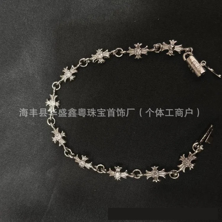 Crowe retro cross flower bracelet mixed color inlaid hip hop male and female couple old plated s925 cross jewelry