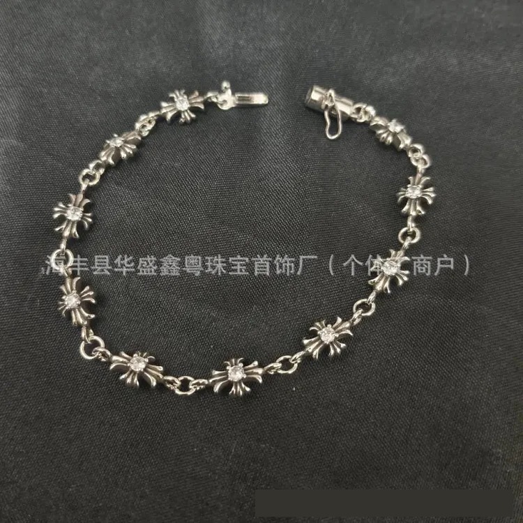 Crowe retro cross flower bracelet mixed color inlaid hip hop male and female couple old plated s925 cross jewelry