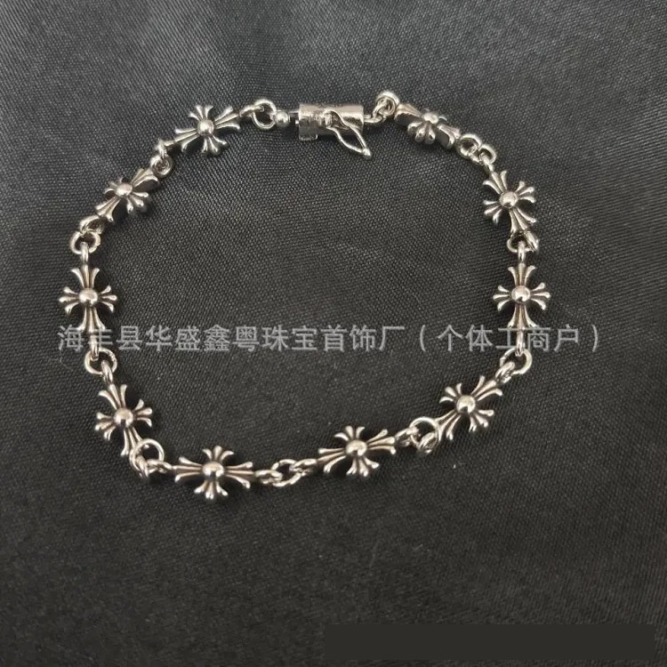 Crowe retro cross flower bracelet mixed color inlaid hip hop male and female couple old plated s925 cross jewelry