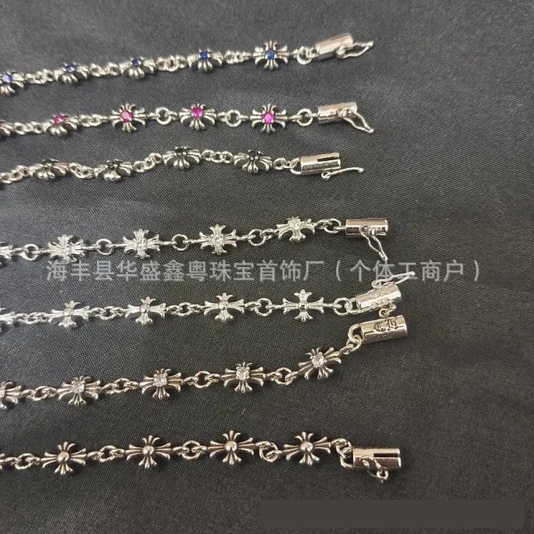 Crowe retro cross flower bracelet mixed color inlaid hip hop male and female couple old plated s925 cross jewelry