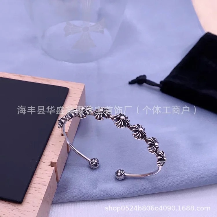 Croxintai Silver Cross Flower Bracelet Trendy Brand Light Luxury Fashion Versatile Retro Distressed Open Bracelet for Men and Women image 2