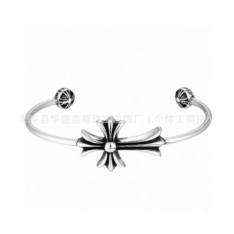 Croxintai Silver Cross Flower Bracelet Trendy Brand Light Luxury Fashion Versatile Retro Distressed Open Bracelet for Men and Women image 5