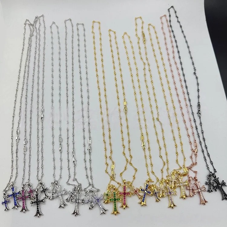 Chrome Hearts Ch Retro Croton Necklace S925 Silver Double Cross Bamboo Chain Diamonds Niche Trend Men's and Women's Necklace Jewelry