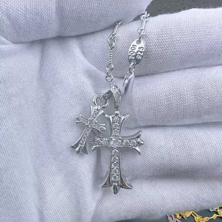 Chrome Hearts Ch Retro Croton Necklace S925 Silver Double Cross Bamboo Chain Diamonds Niche Trend Men's and Women's Necklace Jewelry image 2