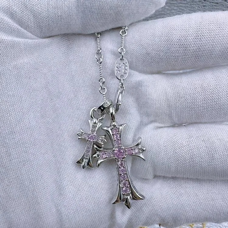 Chrome Hearts Ch Retro Croton Necklace S925 Silver Double Cross Bamboo Chain Diamonds Niche Trend Men's and Women's Necklace Jewelry image 3