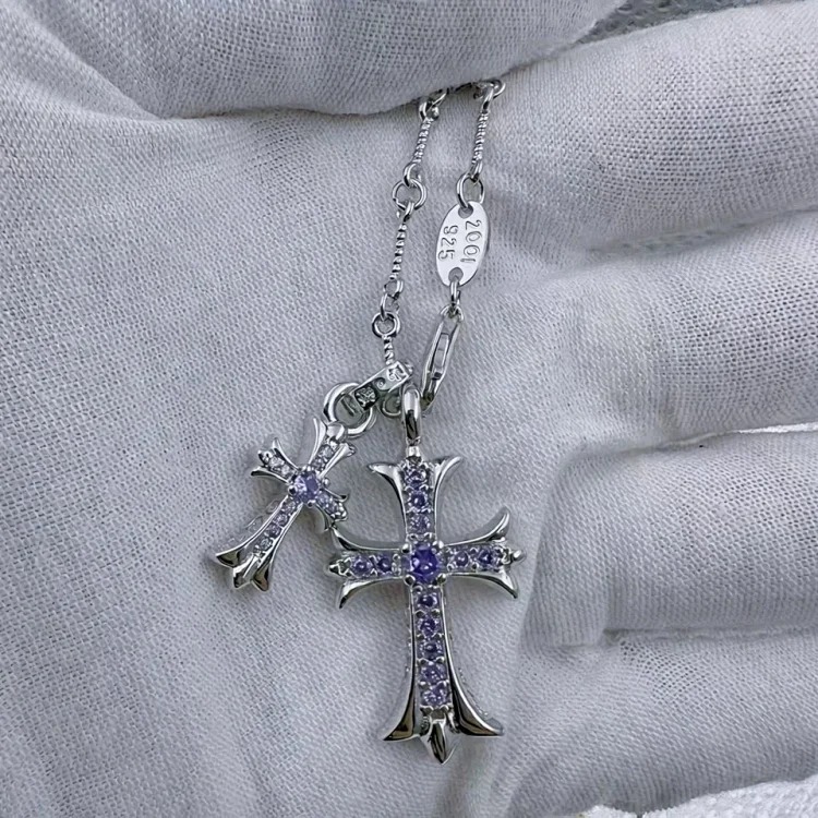 Chrome Hearts Ch Retro Croton Necklace S925 Silver Double Cross Bamboo Chain Diamonds Niche Trend Men's and Women's Necklace Jewelry image 4