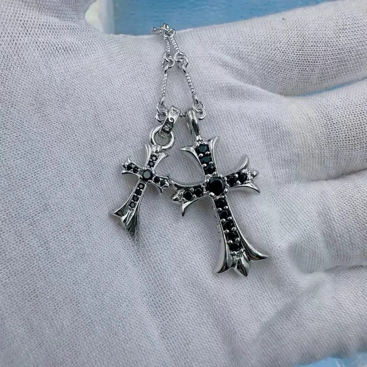 Chrome Hearts Ch Retro Croton Necklace S925 Silver Double Cross Bamboo Chain Diamonds Niche Trend Men's and Women's Necklace Jewelry image 5