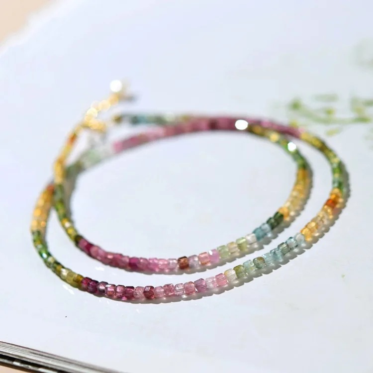 Tourmaline Necklace for Women East China Sea Crystal Jade Jade Rainbow Bracelet String Pearl Clavicle Chain Small Sugar Cube Necklace Pendant