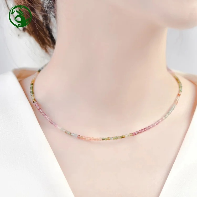Tourmaline Necklace for Women East China Sea Crystal Jade Jade Rainbow Bracelet String Pearl Clavicle Chain Small Sugar Cube Necklace Pendant