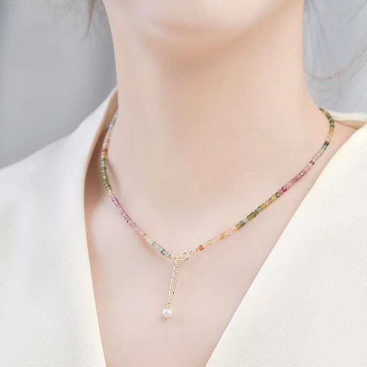 Tourmaline Necklace for Women East China Sea Crystal Jade Jade Rainbow Bracelet String Pearl Clavicle Chain Small Sugar Cube Necklace Pendant image 6