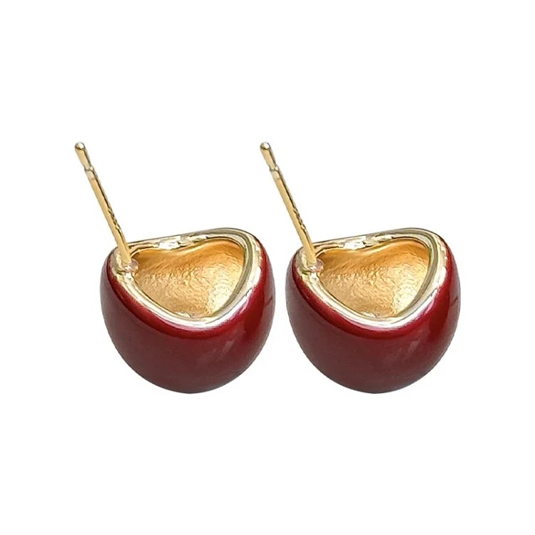 Burgundy Red Retro Hong Kong Style Wine Red Autumn and Winter Earrings Feminine Elegant and Versatile Atmosphere Earrings Studs and Ear Clips