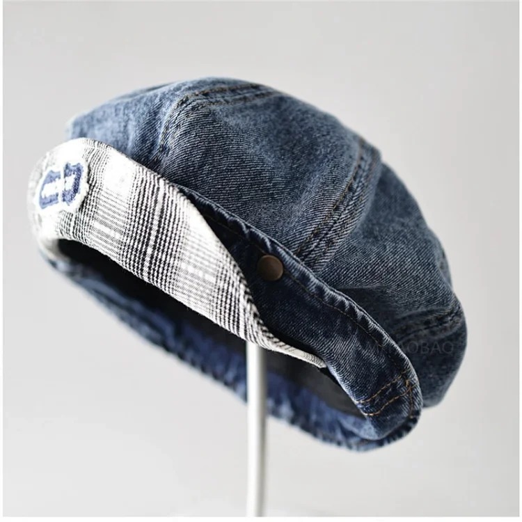 Patch flange soft brim denim beret for women, simple, fashionable, versatile, casual, literary, spring and autumn style painter's hat