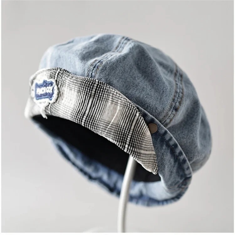 Patch flange soft brim denim beret for women, simple, fashionable, versatile, casual, literary, spring and autumn style painter's hat