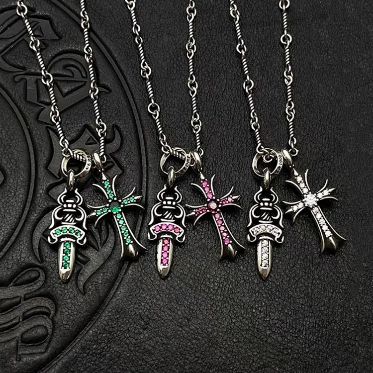 Chrome Hearts Ch trendy brand vintage Cro heart silver-plated gold diamond S925 sterling silver full diamond sword cross double pendant necklace