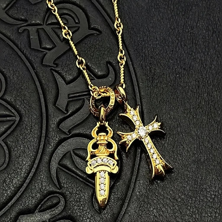 Chrome Hearts Ch trendy brand vintage Cro heart silver-plated gold diamond S925 sterling silver full diamond sword cross double pendant necklace image 2