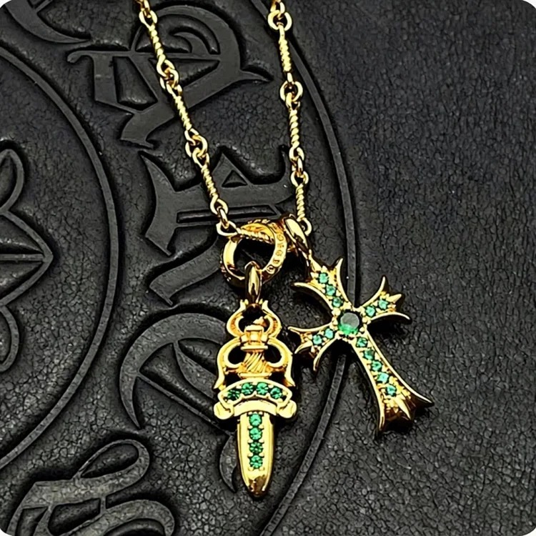 Chrome Hearts Ch trendy brand vintage Cro heart silver-plated gold diamond S925 sterling silver full diamond sword cross double pendant necklace image 3