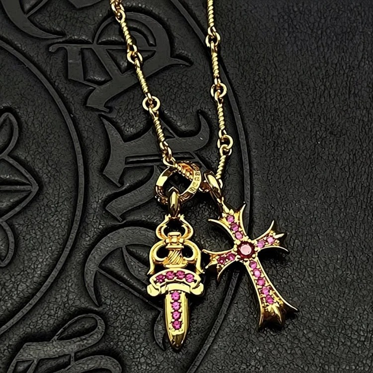 Chrome Hearts Ch trendy brand vintage Cro heart silver-plated gold diamond S925 sterling silver full diamond sword cross double pendant necklace image 4