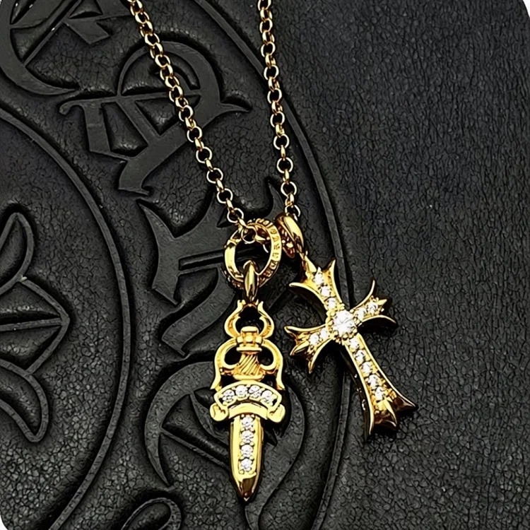 Chrome Hearts Ch trendy brand vintage Cro heart silver-plated gold diamond S925 sterling silver full diamond sword cross double pendant necklace image 5