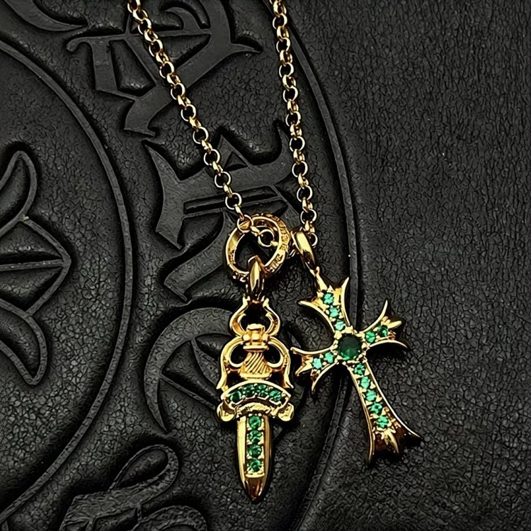 Chrome Hearts Ch trendy brand vintage Cro heart silver-plated gold diamond S925 sterling silver full diamond sword cross double pendant necklace image 6