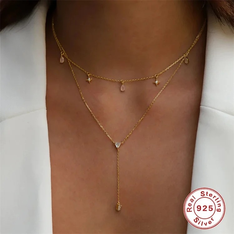 New S925 sterling silver water drop set with diamond stars stacked summer clavicle necklace Internet celebrity Douyin same style clavicle chain for women