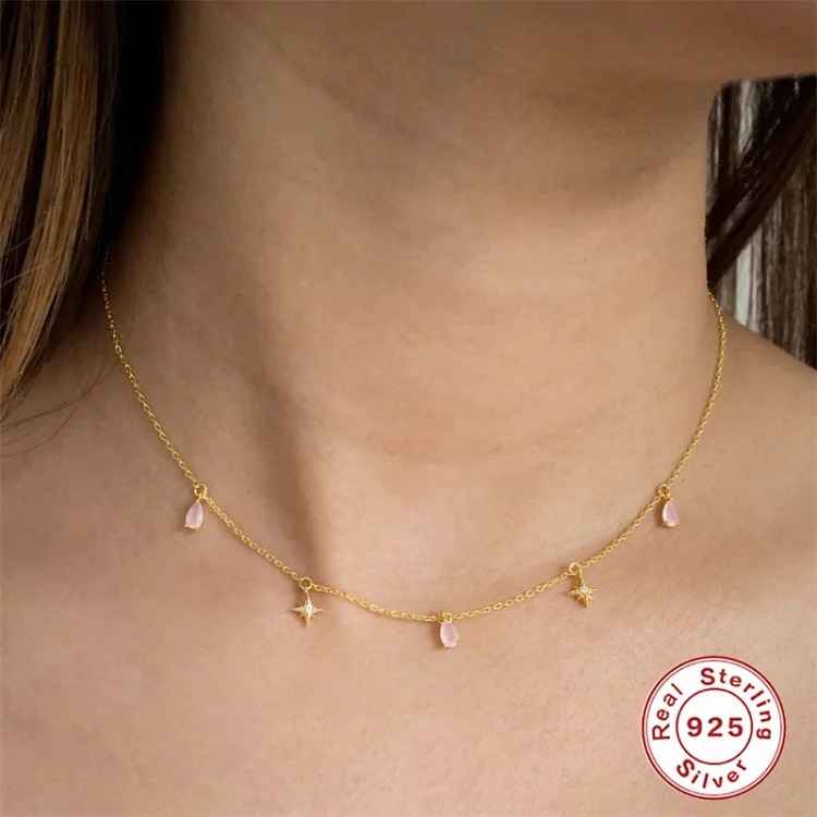 New S925 sterling silver water drop set with diamond stars stacked summer clavicle necklace Internet celebrity Douyin same style clavicle chain for women