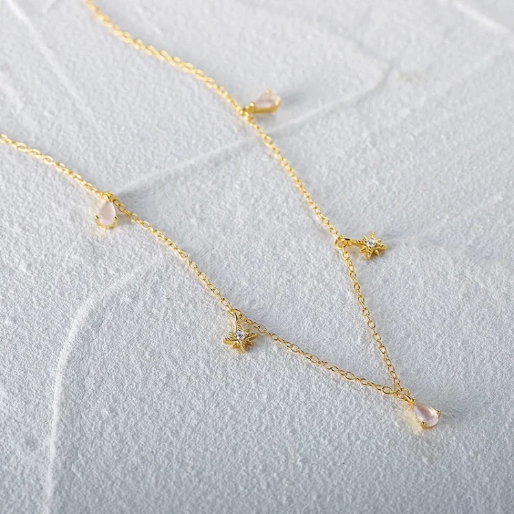 New S925 sterling silver water drop set with diamond stars stacked summer clavicle necklace Internet celebrity Douyin same style clavicle chain for women