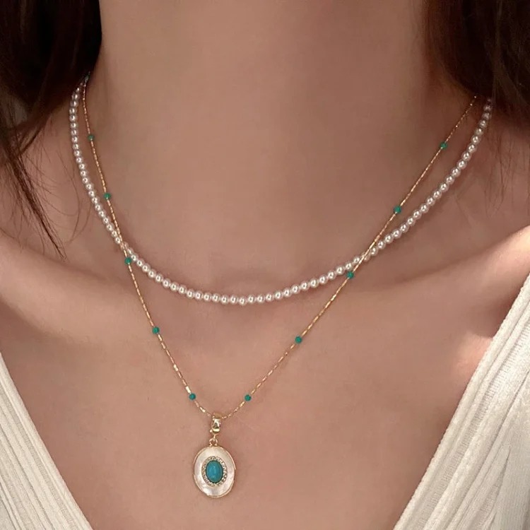 Turquoise Pearl Necklace Stacked Women's Accessories Clavicle Chain Autumn and Winter High-end Light Luxury Niche Pendant Necklace Jewelry