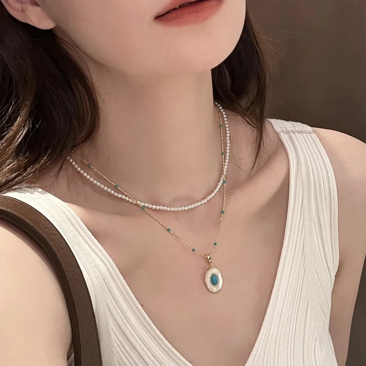 Turquoise Pearl Necklace Stacked Women's Accessories Clavicle Chain Autumn and Winter High-end Light Luxury Niche Pendant Necklace Jewelry