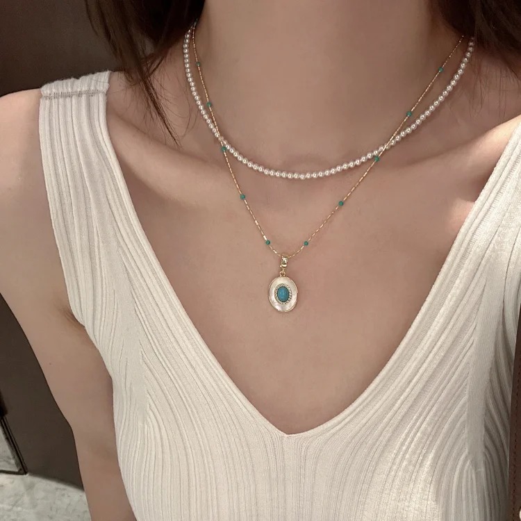 Turquoise Pearl Necklace Stacked Women's Accessories Clavicle Chain Autumn and Winter High-end Light Luxury Niche Pendant Necklace Jewelry