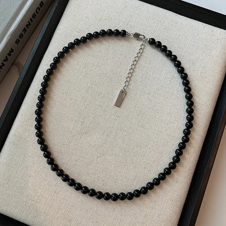 Korean blogger fever's same style black onyx necklace s925 sterling silver clavicle chain women's ins cool style high-end necklace