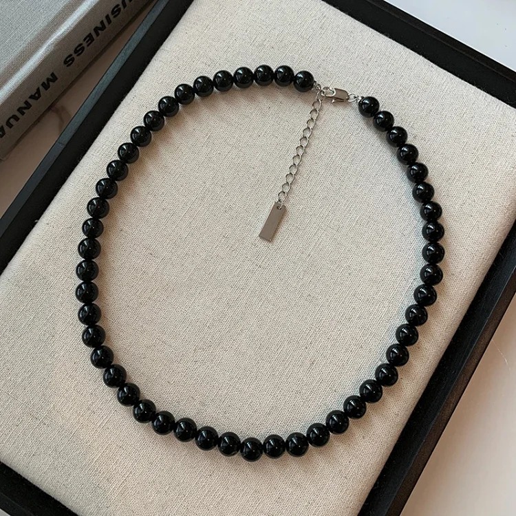 Korean blogger fever's same style black onyx necklace s925 sterling silver clavicle chain women's ins cool style high-end necklace