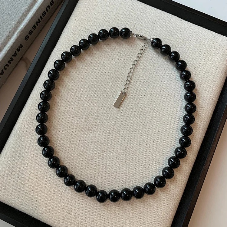 Korean blogger fever's same style black onyx necklace s925 sterling silver clavicle chain women's ins cool style high-end necklace