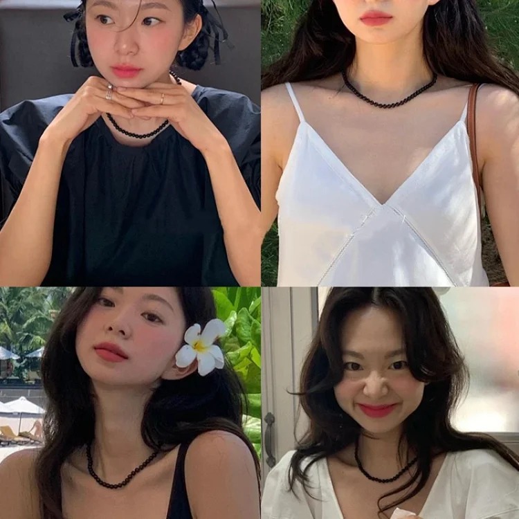 Korean blogger fever's same style black onyx necklace s925 sterling silver clavicle chain women's ins cool style high-end necklace
