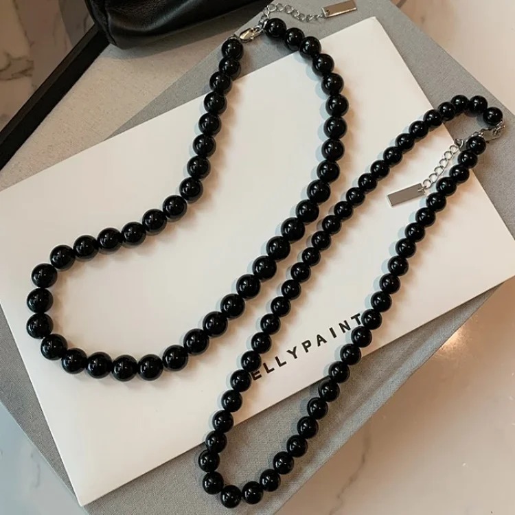 Korean blogger fever's same style black onyx necklace s925 sterling silver clavicle chain women's ins cool style high-end necklace